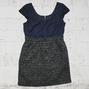 J Crew Navy Tweed Silk Cap Sleeve Scoop Paperbag Waist Knee Length Dress Size 8